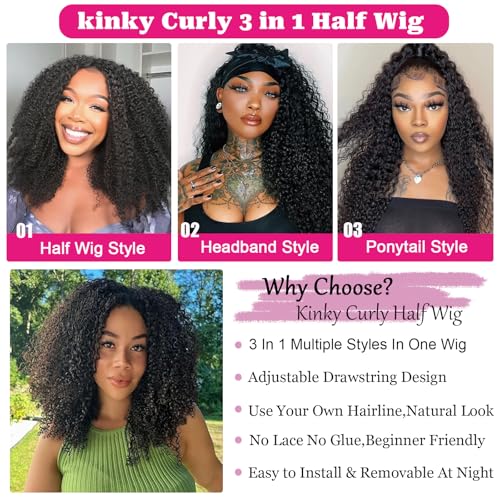 Kinky Curly Half Wig Human Hair 220% Density 3 In 1 True To length Flip Over Curly Edges Drawstring Half Wigs For Black Women Glueless Wear Go Afro Curly Headband Wigs For Beginner Friendly 16 Inch