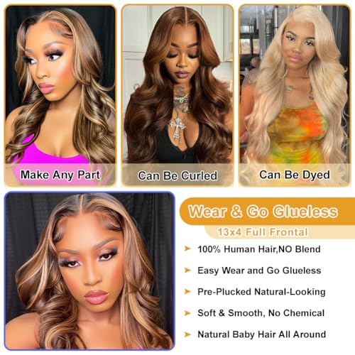 4/27 Highlight HD Lace Front Wigs Human Hair Pre Plucked 13x4 Body Wave Frontal Wig with Baby Hair 180% Density Ombre Brown and Honey Blonde Human Hair Wigs for Black Women 20 Inch