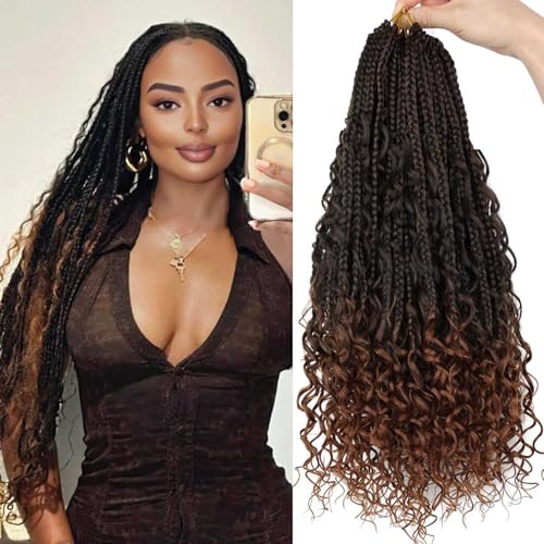 18 Inch Goddess Box Braids Crochet Hair 8 Packs Crochet Hair for Black Women Boho Box Braids Crochet Hair with Curly Ends Bohomian Box Braids Synthetic Braiding Hair Extensions T30#