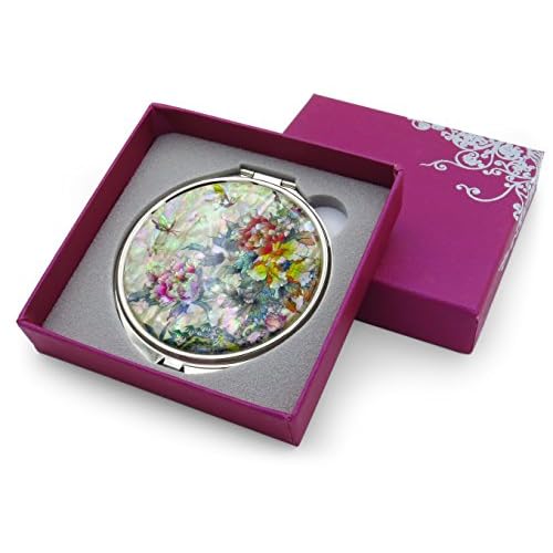 MADDesign Mother of Pearl Compact Makeup Mirror Folding Magnify Butterfly Flowers Pink Yellow