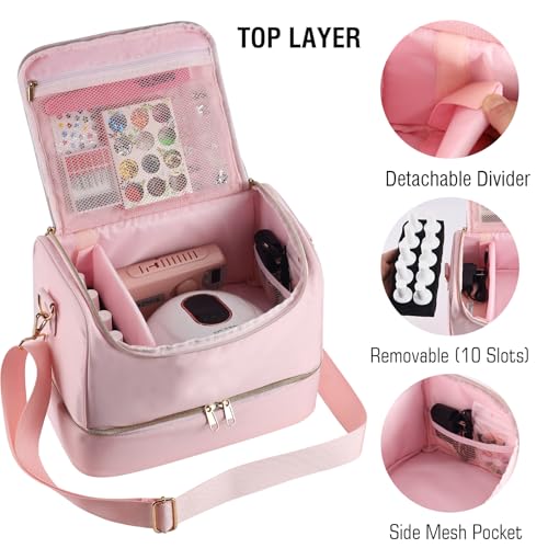 Nail Polish Organizer Case,Nail Storage Organizer Holds Nail Lamp & 50 Bottles Nail Polish,Nail Tech Travel Case,Waterproof Nail Kit Organizer Bag Fits Nail Supplies & Manicure Tools (Pink)