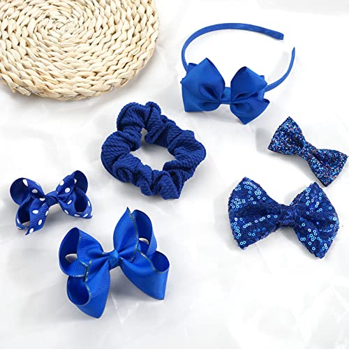 Girls School Hair Accessories - Blue Bow Clips, Elastic Hair Bands, Headband, Ribbon Barrettes for Toddlers, Kids Christmas Birthday Gift