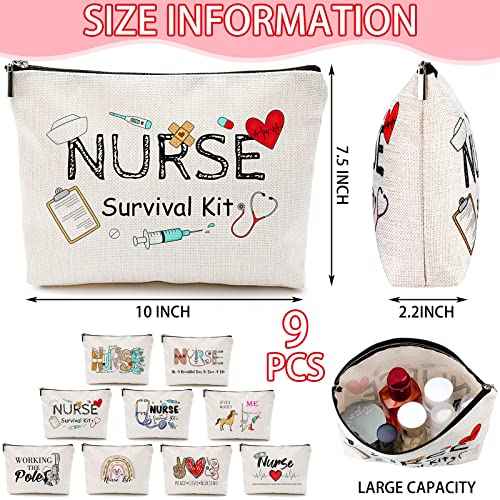 Pinkunn 9 Pcs Nurse Makeup Bags Nursing Gifts for Women Cosmetic Bag with Zipper Nursing Travel Toiletry Bag Accessories Survival Kit for Birthday Gift Funny for Nurses Student Thank You Christmas