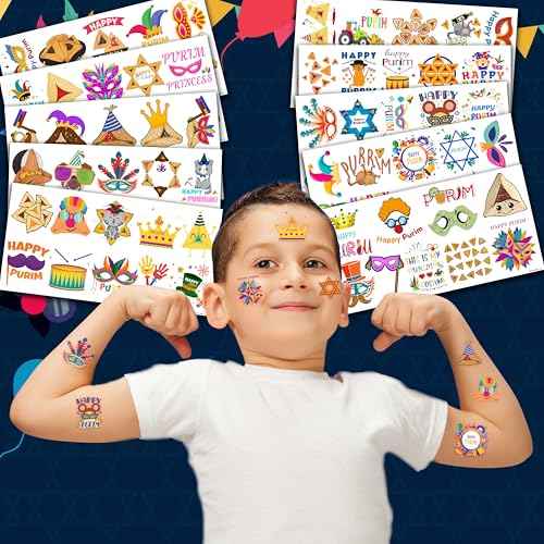 Cute Purim Temporary Tattoos 10 Sheets 100 PCS Happy Purim Party Decorations Favors Supplies Purim Theme Birthday Stickers Halloween Gifts for Boys Girls Kids Class School Prizes Carnival Christmas