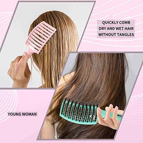 3 Pack Vented Quick Drying Massage Blow Detangler Brush,Boar Bristle Hair Brush Set-Curved,Detangling Hair Brush for Women Long,Thick, Thin, Curly(Green)