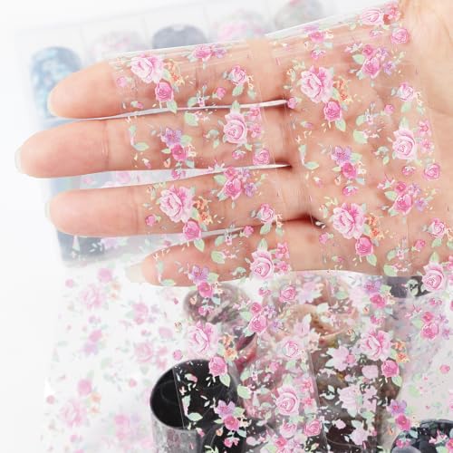 DANNEASY 10 Rolls Flower Nail Art Foil Transfer, Floral Spring Aurora Nail Stickers Foil Sheets, Starry Sky Nail Foils, Holographic Manicure Decals for Women Girls Manicure Tips Supplies