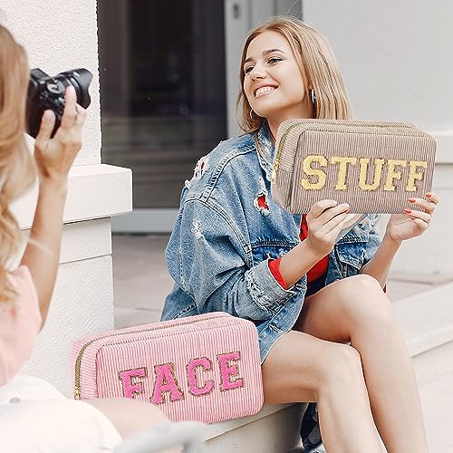 4 Pcs Travel Toiletry Bags for Women Preppy Makeup Bags Organizer Face Skin Hair Stuff Chenille Letter Pouch with Zipper Aesthetic Corduroy Skin care Hair Bag for Women Gifts