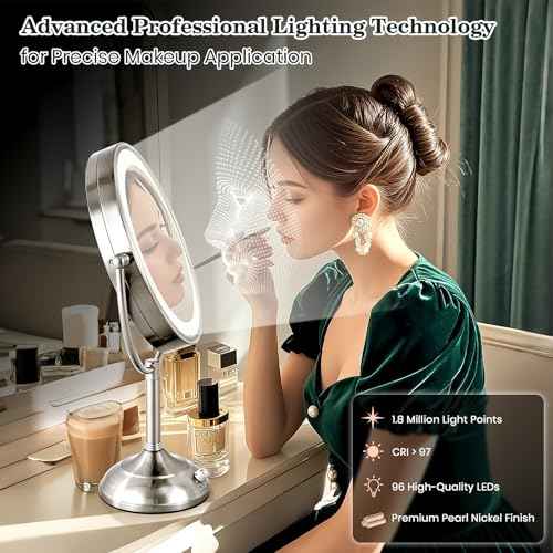 VESAUR 11.8" Extra Large 17" Tall Lighted Makeup Mirror, 1X/5X/10X 3-Sided Magnifying Mirror with 96 LEDs, 3 Color Dimmable Lights, 360¡Æ Swivel Dual Power Vanity Mirror, Nickel Finish - Great Gift