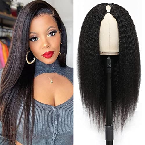 V Part Wig Human Hair Wigs for Black Women Kinky Straight V Part Wig 12A Virgin Hair Half Wigs for Women No Lace Upgrade U Part Human Hair Wigs Full Head Clip in Half Wig V Shape Wigs (18inch)