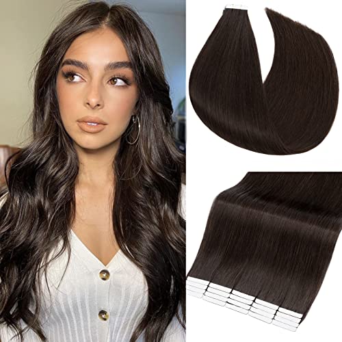 S-noilite 20Pcs 60g Remy Tape in Hair Extensions Human Hair Seamless Skin Weft Invisible Double Sided Glue in hair for women Silky Straight 24 Inch #02 Dark Brown Color