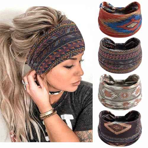 Boho Headbands For Women Wide Bandana Head Bands African Turban Head Wraps Knotted Hair Bands Elastic Headband Non Slip Sweatband Yoga Running Hair Accessories For Women Teen Girls 4 Pcs