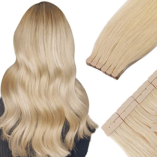 Benehair Tape in Hair Extensions Human Hair Blonde 20pcs 50g/pack Straight Hair Extensions Seamless Skin Weft Tape in Natural Hair for Women (22", 613 Bleach Blonde)