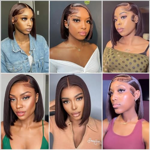 Dark Brown Bob Wig Human Hair 13X4 Lace Front Wigs Human hair 180% Density Short Straight Frontal Bob Wig Pre Plucked for Women HD Transparent Lace Frontal wigs With Baby Hair Dark Brown Color 16 Inch