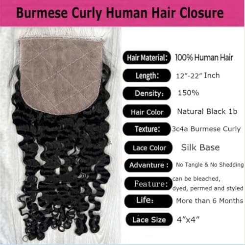 Burmese Curly 4x4 Silk Base Lace Closure with Baby Hair Free Part Natural Black Color Human Hair Pre Plucked Toppers Closure For Women (14inch)
