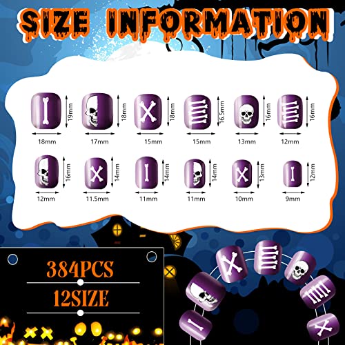 384 Pcs 16 Pack Halloween Press on Nails Halloween Short Fake Square False Nails Plastic Artificial Nail Tips Full Cover Coffin with Ghost Pumpkin Spider Pattern for Women(Fresh Pattern)