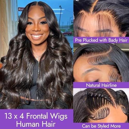 Body Wave 13x4 HD Lace Front Human Hair Wigs for Women 150% Density Glueless Natural Black 22 Inch