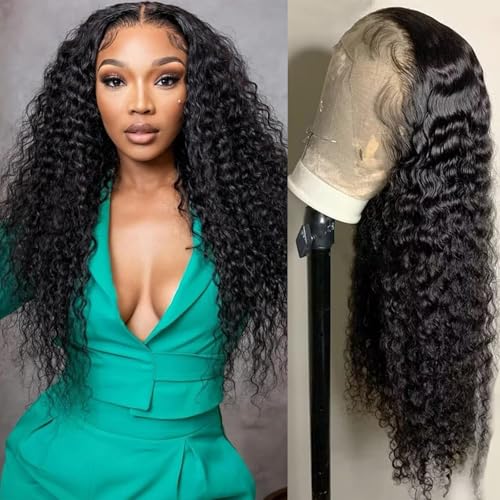 13x6 Deep Wave Lace Front Wigs Human Hair HD Full Lace Frontal Wigs Pre Plucked Bleached Knots 180% Density Deep Curly Human Hair Wig Natural Color 22 Inch