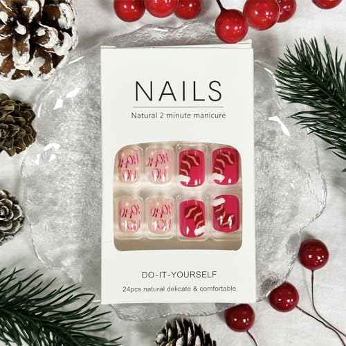 Christmas Press on Nails Short Square Fake Nails, Pink Press on Nails Winter Xmas Santa Claus with Design Christmas Glue on Nails Full Cover Stick on Nails for Women Christmas Manicure Tips 24Pcs