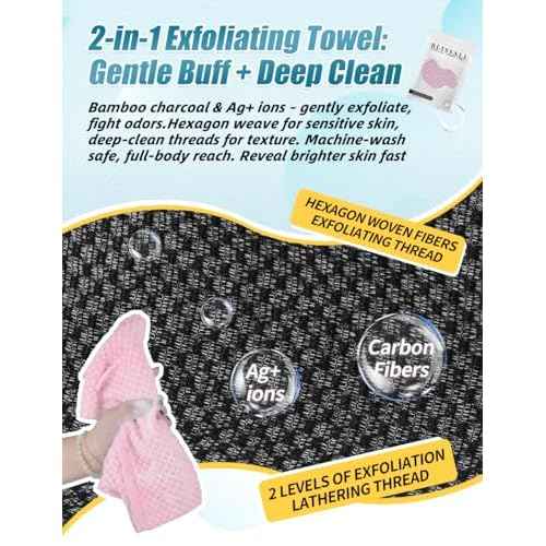 BLISSAL Exfoliating Shower Towel 47",Premium Scrub Wash Cloth for Body Face, Exfoliating Washcloth for Men and Woman(Pink)