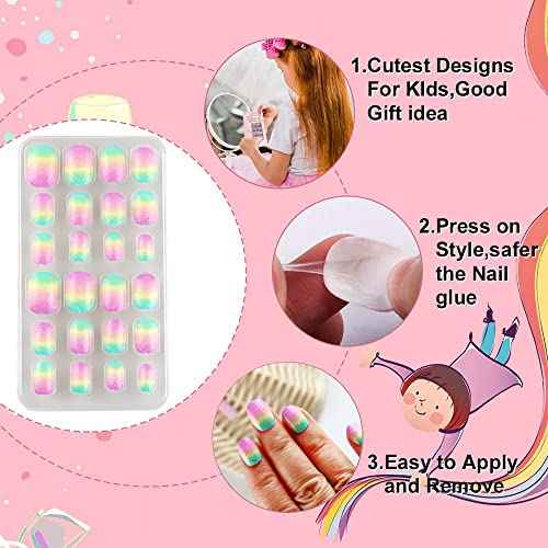 24 Pcs Rainbow Kids Press on Nails Pre-glue Children False Nails Short Oval Full Cover Artificial Fake Nails Gradient Glitter Acrylic Nail Tips for Little Girls Gift (Rainbow Pink)
