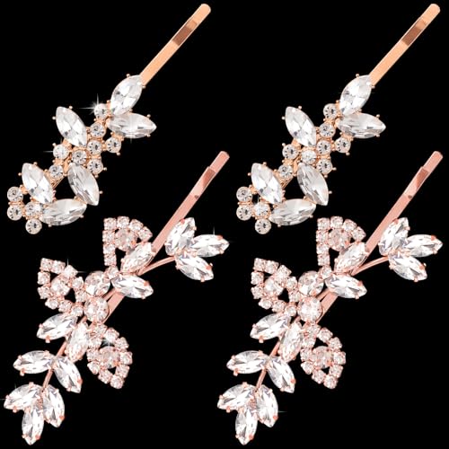 4PCS Rhinestones Hair Clips, Bridal Crystal Hair Pins, 2 Styles French Hairpins Alloy Leaf Shape Barrettes for Women, Girls for Wedding, Parties (Rose Gold, 2 Pairs)