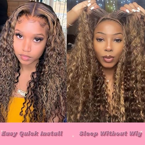 Highlight Ombre 4/27 Human Hair Wear and Go Glueless Wigs Deep Wave Curly Wet and Wavy Lace Front Pre Plucked Pre Cut 5x5 HD Lace Closure Wigs for Black Women (highlight ombre 4/27, 22 Inch)