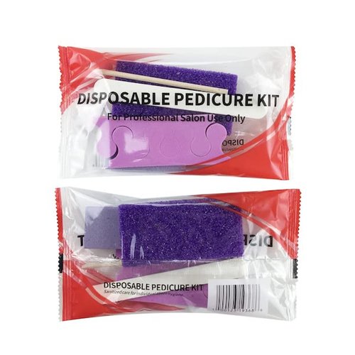 True Beauty 5-Piece deposable Pedicure Pedi Kit with Toe Separator, Purple Pumice Pad, White Wood Nail File 100180 Grit, Orange Mini Buffer 100180 Grit, Wood Stick, 200-Count