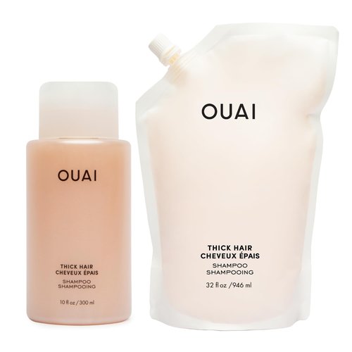 OUAI Thick Shampoo + Refill - Moisturizing Shampoo with Keratin, Marshmallow Root, Shea Butter & Avocado Oil for Thick Hair - Strengthens & Hydrates - Sulfate Free (2 Count, 10 Oz/32 Oz)
