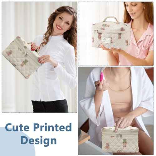 Large Makeup Bag, Cute Cosmetic Bag for Women Girls, Floral Coquette Aesthetic Toiletry Bag, Travel Make Up Organizer Bag (White-Bear)