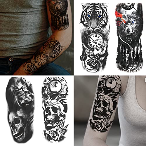82 Sheets Temporary Tattoo for Men Women Adults, Include 12 Sheets Black 3D Half Sleeve Temporary Tattoos, Halloween Tattoos Scary Lion Wolf Tiger Skull Skeleton Tattoos Stickers