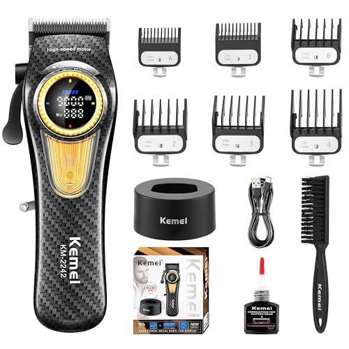 KEMEI 2242 Professional Hair Clippers for Men, Cordless Barber Clipper with LED Display & Charging Base, Hair Cutting Tools, 9000 RPM Super Torque Motor, Black