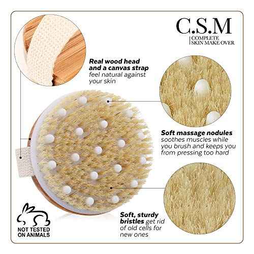 CSM Dry Brushing Body Brush for Lymphatic Drainage - Natural Boar Bristle Exfoliating Brush Set with Face Brush for Cellulite, Circulation & Glowing Skin