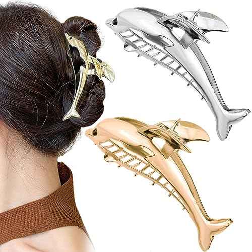 2 PCS Dolphin Hair Claw Clips for Women, Metal Claw Clips for Thick Hair Elegant Barrettes Strong Hold Hair Clamps Non Slip Hair Catch Jaw