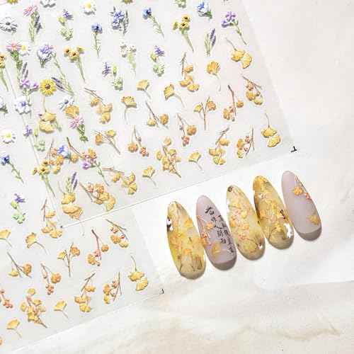 2PCS Silicone Nail Art Ombre Applicator, One Sheet Flower Stickers Decals, for Chrome Nail Powder, Floral Plant leaf Design of 5D Embossed Self-Adhesive Decoration Set, for Beginners