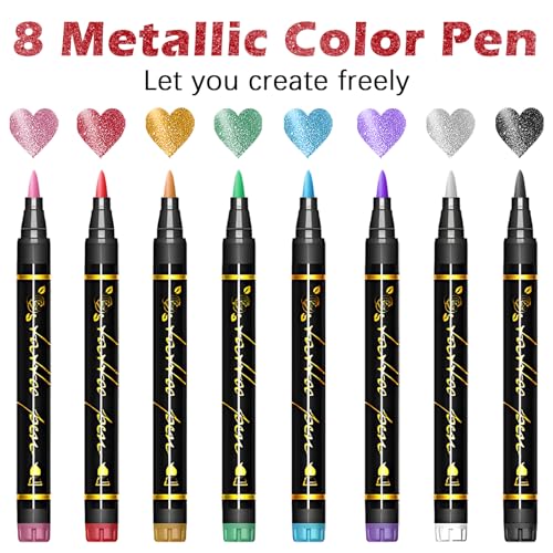 Christmas Temporary Tattoo Markers for Skin, 8 metallic Body Markers + 155 Temporary Tattoo Stencil Stickers, Face Body Paint Kit for Kids and Adults, X-Mas Party Gift