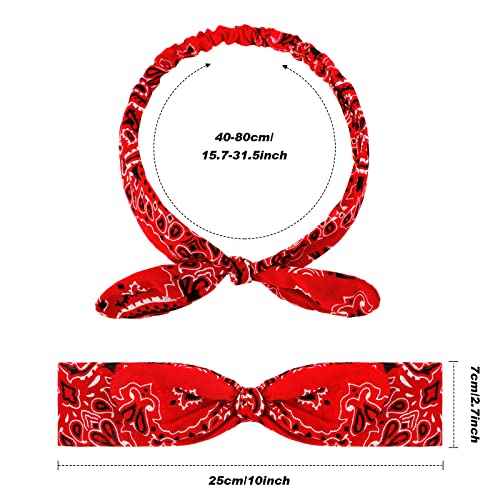 Hicarer 2 Pieces Bandana Headband for Women, Knot Retro Print Bandana Paisley Print Headband Adjustable Headwrap(Red, White)