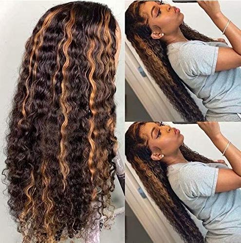 180 Density Highlight Curly Lace Front Wigs for Black Women Pre Plucked Ombre Blonde Colored Wigs 4T27 Brazilian Remy Human Hair Wig (22 Inch, 13X4 Lace Front Wig)