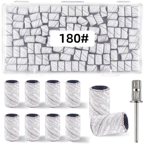 100 Pcs (180 Grit White)Sanding Bands Nail Drill Bit with 0.31in diameter,Nail Drill Bits Extreme Fine Grit Sanding Band,Sanding Belt Upgrade Mandrel Bits,Professional Nail Drill Bit for Acrylic Nails