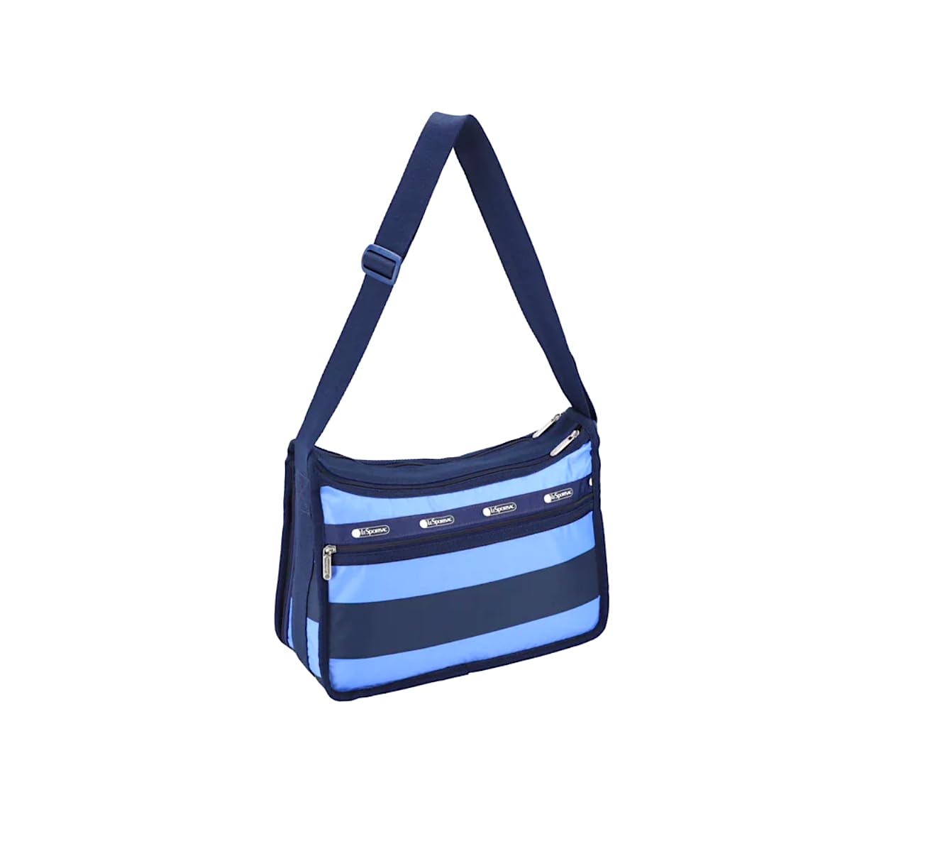 LeSportsac Classic Rugby Periwinkle Deluxe Everyday Crossbody Bag + Cosmetic Bag, Style 7507/Color E758, Timeless Navy Blue & Modern Periwinkle Stripes Unite, Bold Modern Nautical Inspired Theme