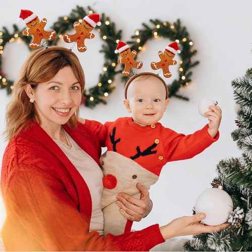 2 Pieces Gingerbread Headbands with Glitter Surface and 3D Santa Hat Cute Brown Gingerbread Hair Hoop Headpiece for Xmas Festival Party Holiday Themed Events