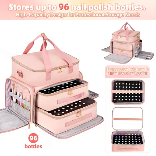 Nail Polish Organizer Case for 96 Bottles ? Waterproof Travel Bag with Hard Bottom ? Double Layer Nail Storage Bag with Adjustable Dividers & Nail Lamp Compartment ? for Home or Salon Use