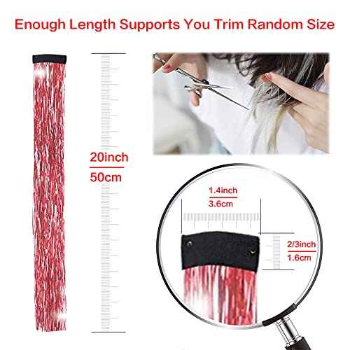 12PCS Tinsel Hair Extensions Glitter Hair Extension Clip in Gold Sparkling Fairy Hair Tinsel Kit Shiny Highlights Colorful Heat Resistant Hair Accessories for Girls Xmas New Year Party-Red