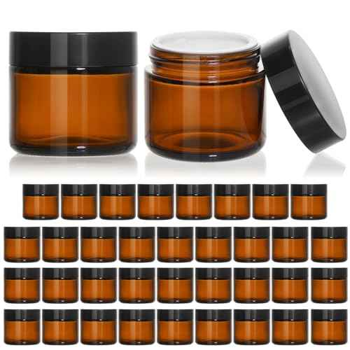 KEYWING 2oz Small Glass Jars, 35 Pack Amber Glass Cosmetic Jars with Black Lids, Round Sample Container with Inner Liners for Cream, Lotions, Powders and Ointments