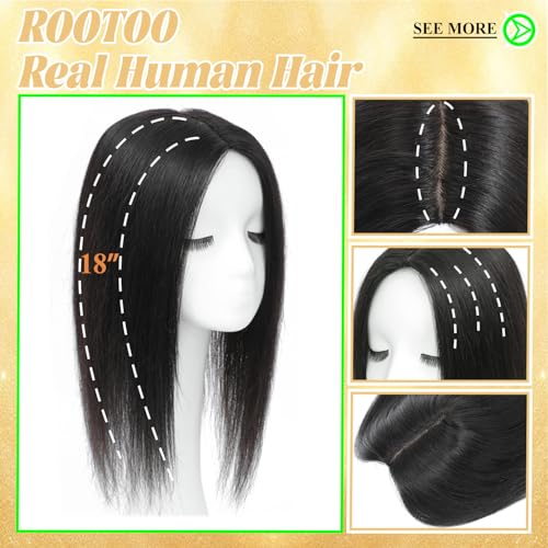 Rootoo Hair Toppers for Women Real Human Hair, 18 Inch Realistic Biological Scalp Topper Hair Pieces for Women with Thinning Crown with Middle Part Clip in Bangs Big Base 360¡Æ Cover (Black)