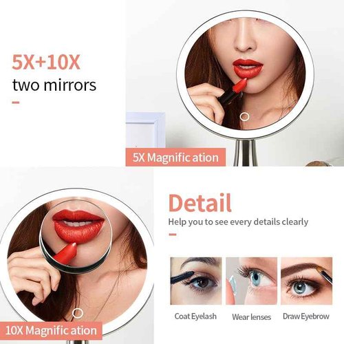 9inch Lighted Round Makeup Vanity Mirror, 5X/10X Dual Magnification with Ultra Bright LED Lights Beauty Mirror, Rechargeable, Cordless, Touch Control Adjustable Brightness, Brushed Stainless Steel