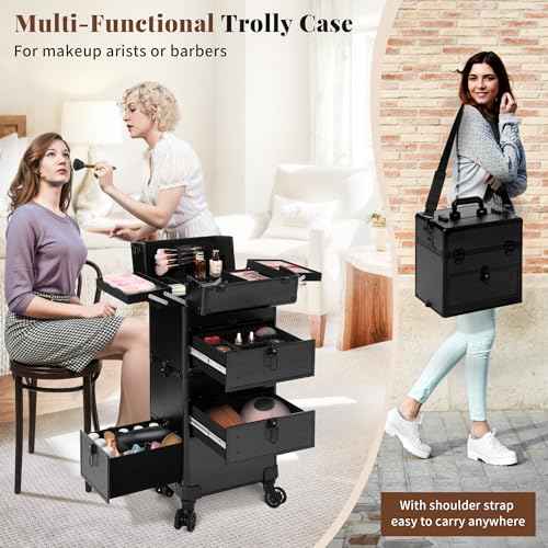 AROUS Rolling Makeup Case with 3 Drawers, Cosmetology Case on Wheels 5 IN 1 Makeup Train Case Make Up Organizer for Artist Salon Nail Teach Trunk,Black