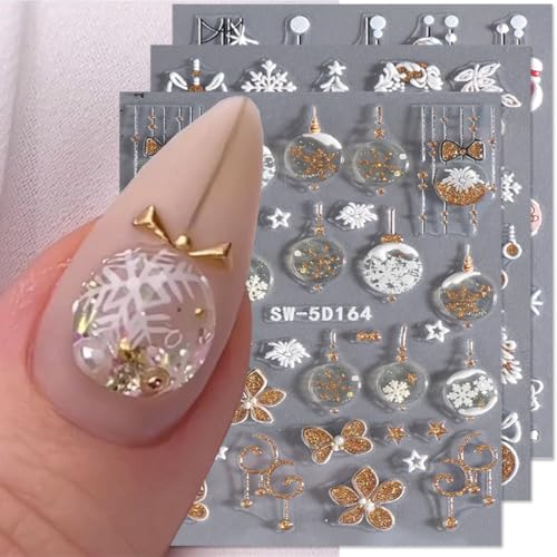 Christmas Nail Art Stickers Decals 5D Embossed Glitter Gold Xmas Nail Decals 3PCS Xmas Tree Lantern Ball Christmas Nails Adhesive Sticker Elk Snowflake Winter Manicure Supply for Nail Art Decorations