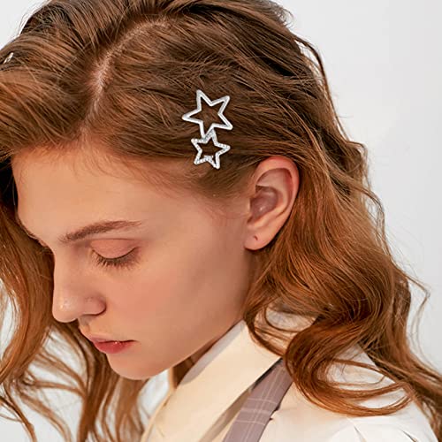 2Pcs Hollow Star Hair Clips, Non-Slip Metal Geometric Hairpin, Elegant Rhinestone Hair Barrettes for Women Lady Girls Styling Hair Accessories (Silver)