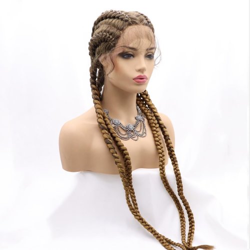 xiweiya 36”Long Blonde Brown Braided Wig 100% Hand Braided Brown Twisted Braids 360 Swiss Lace Front Wig Light Brown Double Dutch Braided Wigs with Baby Hairs for Women