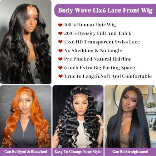 Body Wave Lace Front Wigs Human Hair 13x6 HD Lace Front Wigs Human Hair 200 Density Brazilian Virgin Wigs Glueless Lace Frontal Wig for Women Natural Black Pre Plucked 20 Inch